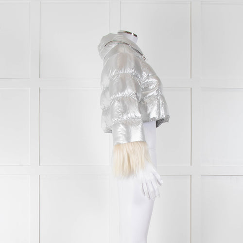 Prada Sport Silver Cropped Fur Trim Sleeve Puffer Jacket