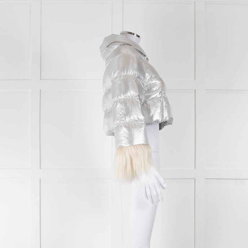 Prada Sport Silver Cropped Fur Trim Sleeve Puffer Jacket