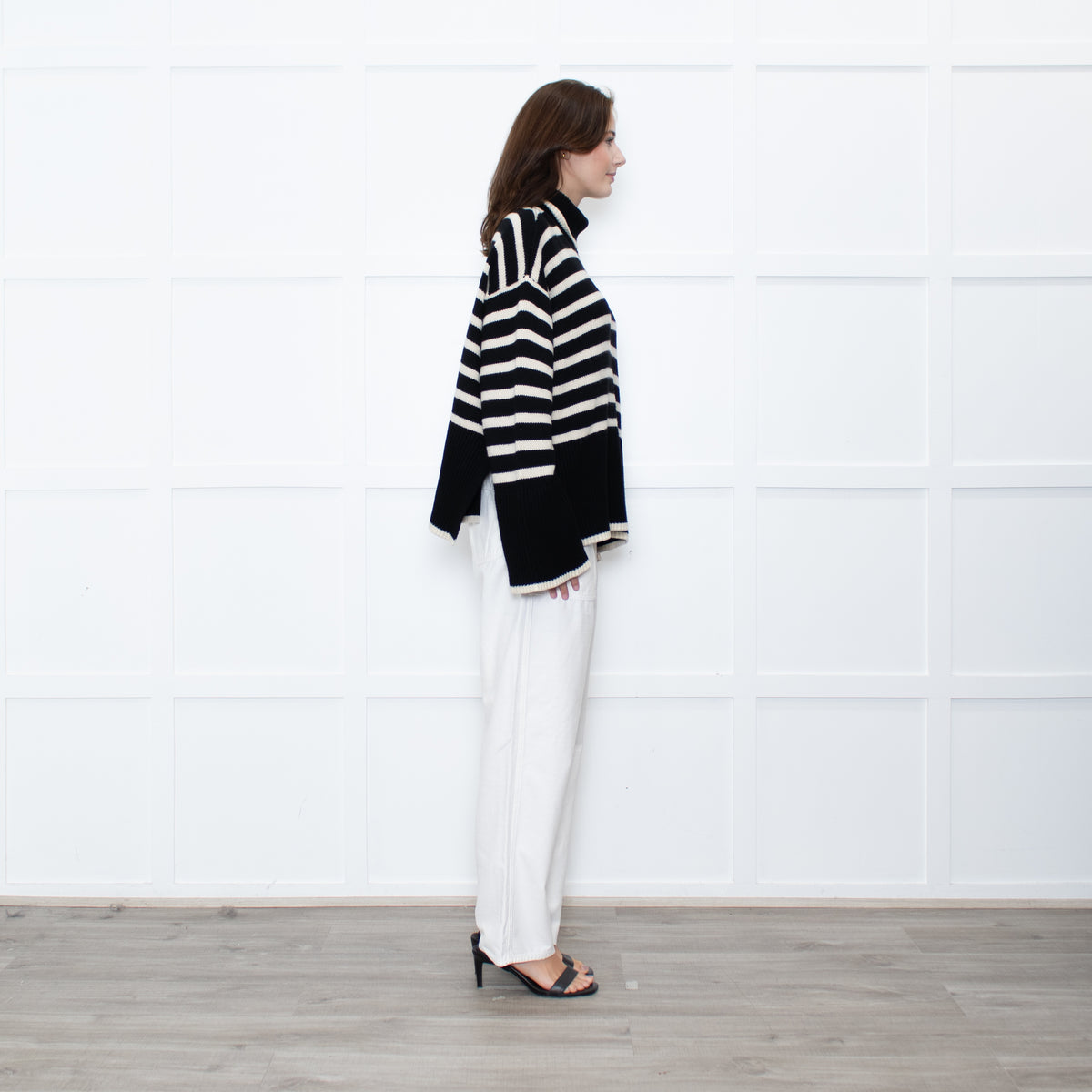 Toteme Black Cream Striped Oversized Rollneck Jumper