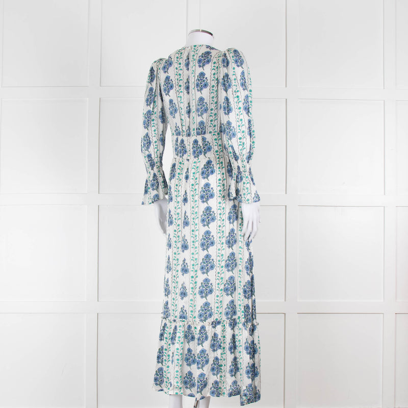 Neve & Noor Sophia Satin Blue and Green Floral Maxi Dress