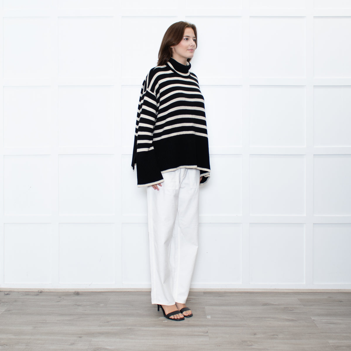 Toteme Black Cream Striped Oversized Rollneck Jumper
