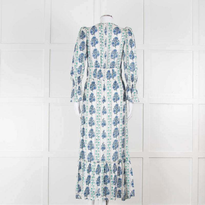 Neve & Noor Sophia Satin Blue and Green Floral Maxi Dress