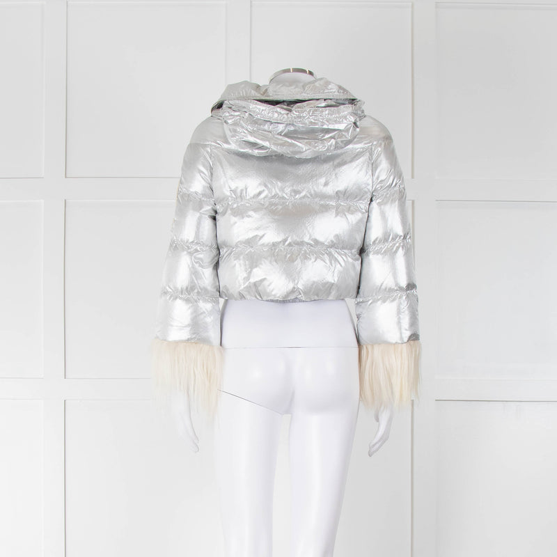 Prada Sport Silver Cropped Fur Trim Sleeve Puffer Jacket