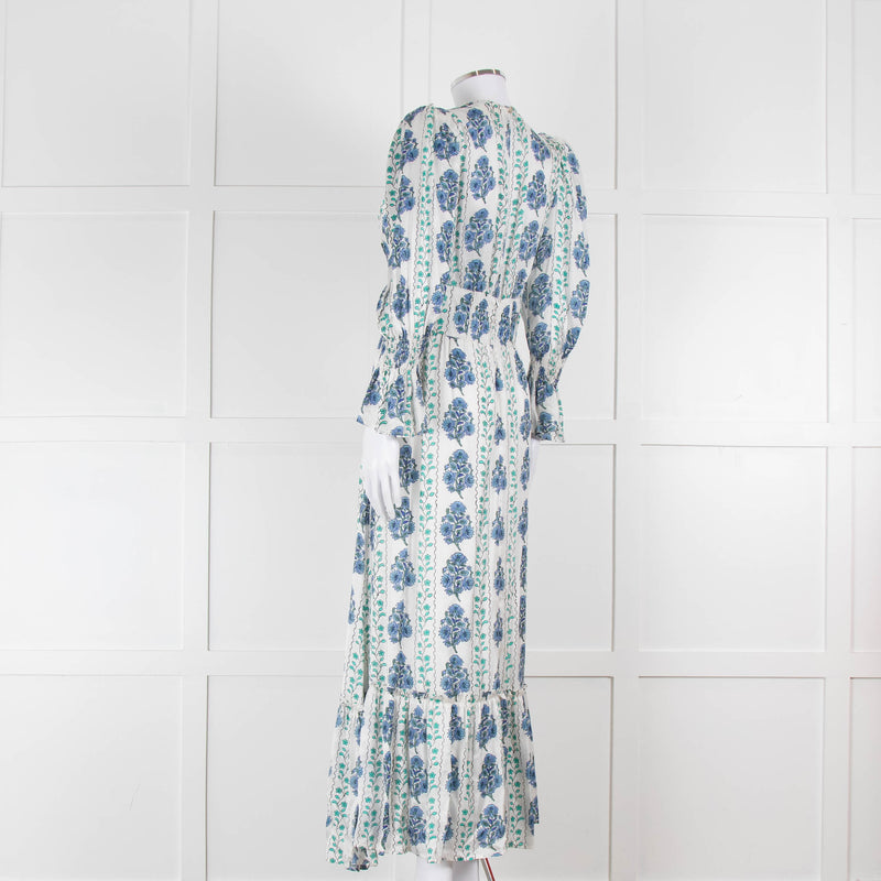 Neve & Noor Sophia Satin Blue and Green Floral Maxi Dress