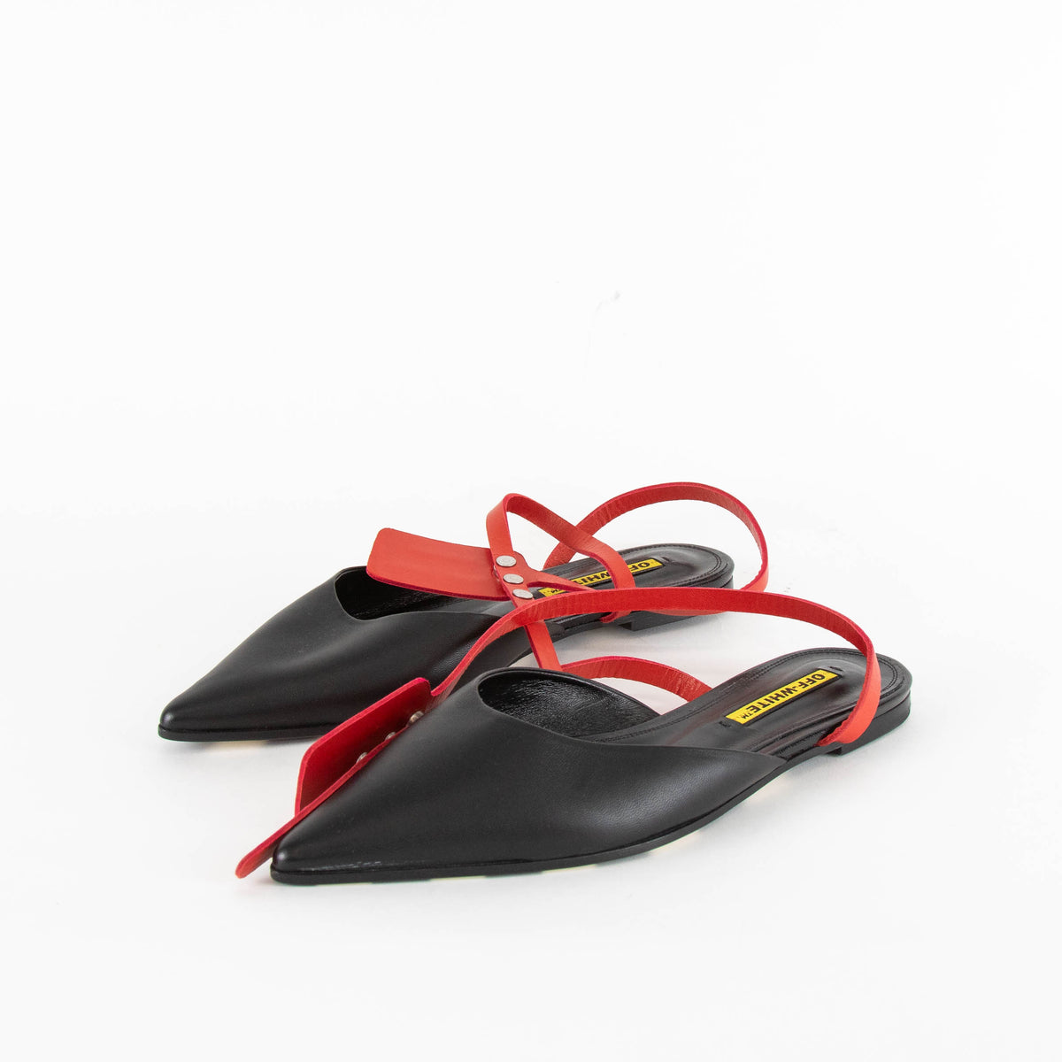 Off-White Flat Black Pointed Shoes with Wrap Around Ankle