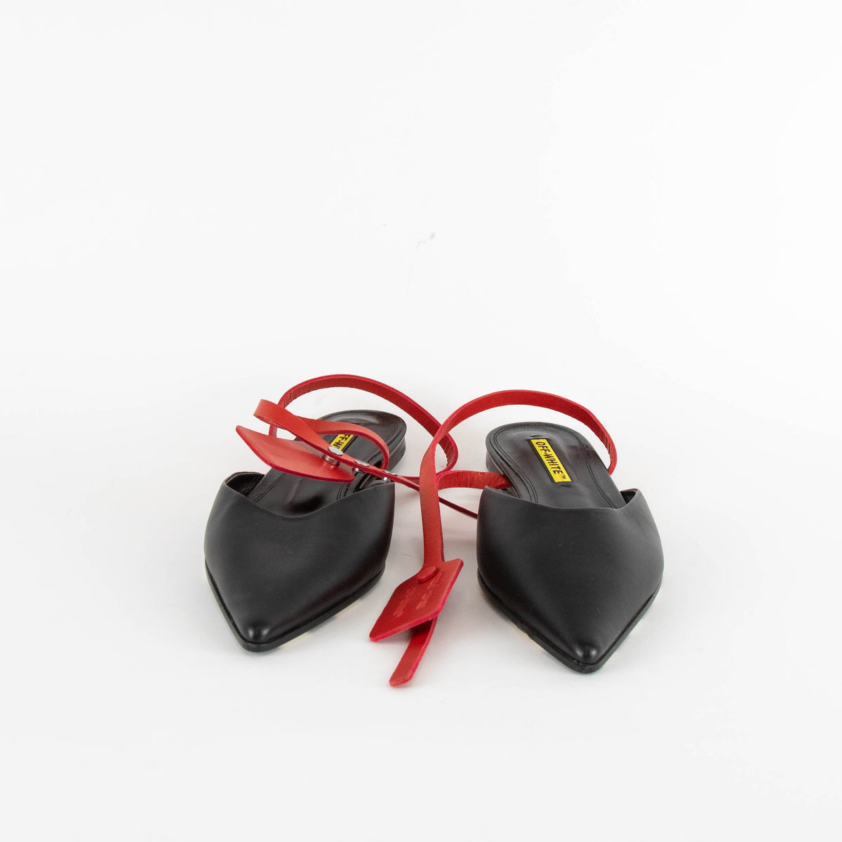 Off-White Flat Black Pointed Shoes with Wrap Around Ankle