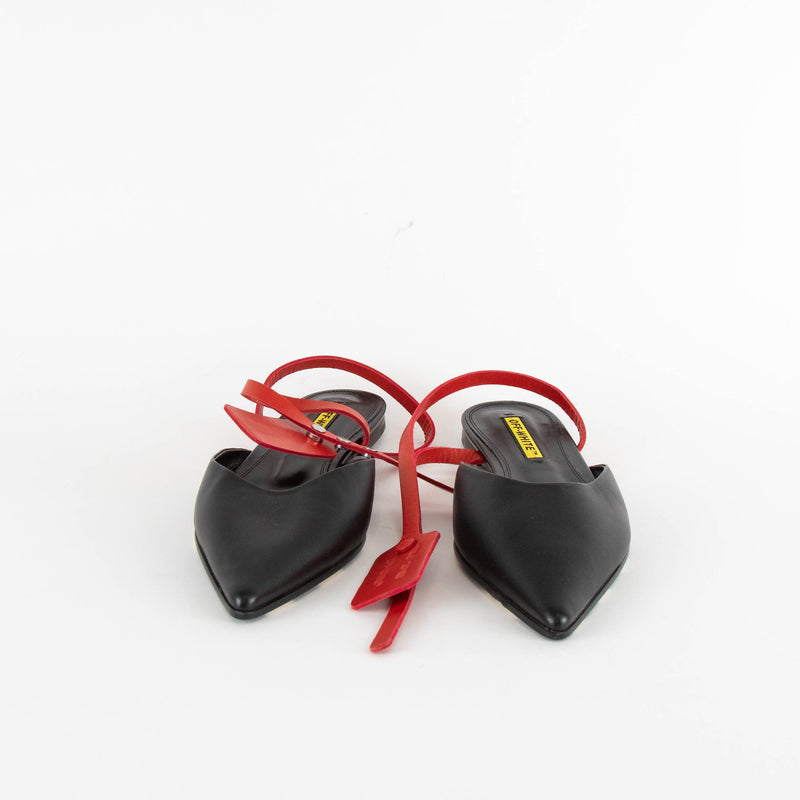 Off-White Flat Black Pointed Shoes with Wrap Around Ankle