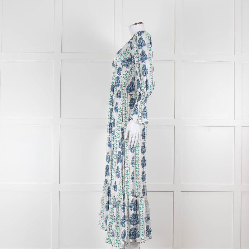 Neve & Noor Sophia Satin Blue and Green Floral Maxi Dress