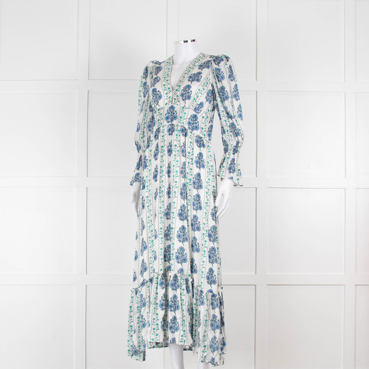 Neve & Noor Sophia Satin Blue and Green Floral Maxi Dress