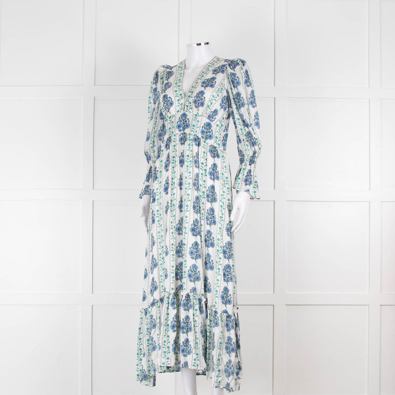 Neve & Noor Sophia Satin Blue and Green Floral Maxi Dress