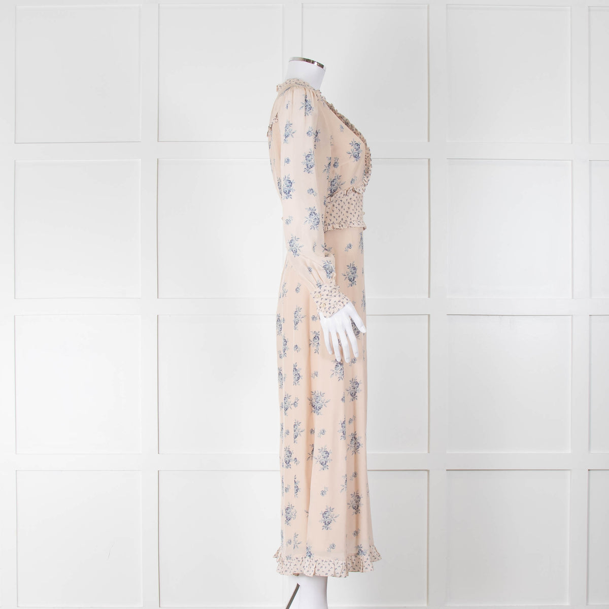 Vilshenko Light Beige Blue Floral Long Sleeve Silk Dress
