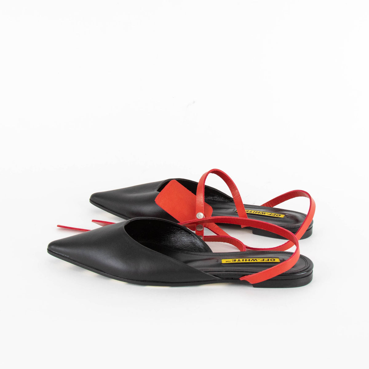 Off-White Flat Black Pointed Shoes with Wrap Around Ankle