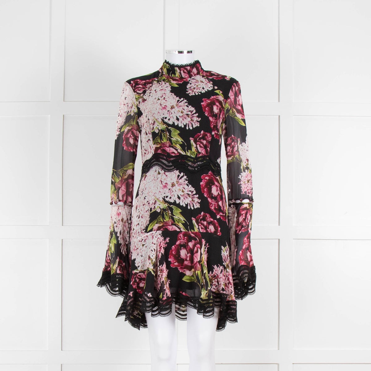 Nicholas Black High Neck Mini Dress with Large Pink Flowers