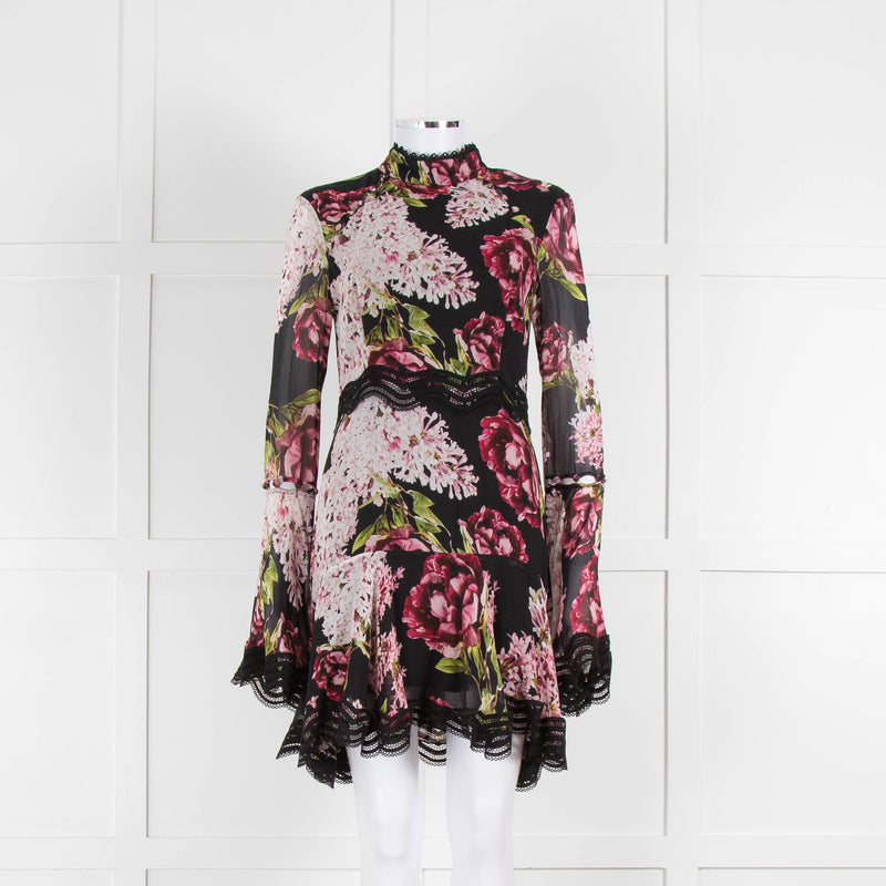 Nicholas Black High Neck Mini Dress with Large Pink Flowers