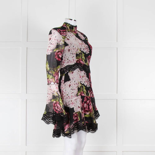 Nicholas Black High Neck Mini Dress with Large Pink Flowers