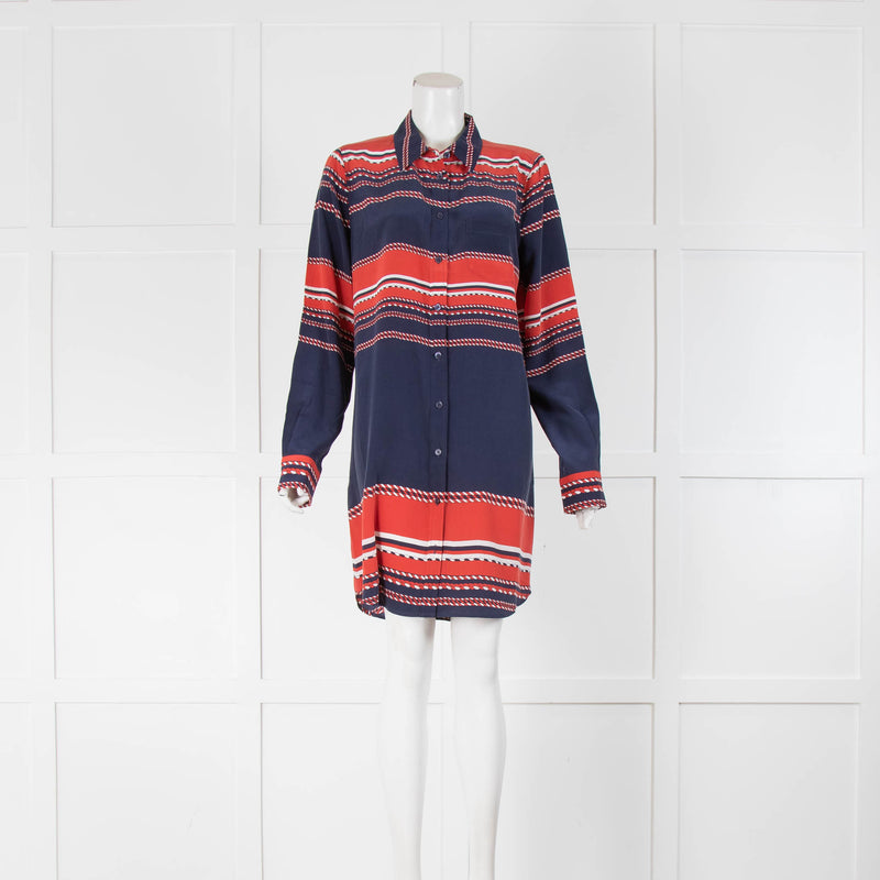 Equipment Nautical Rope Print Blue and Red Silk Collared Shirt Dress