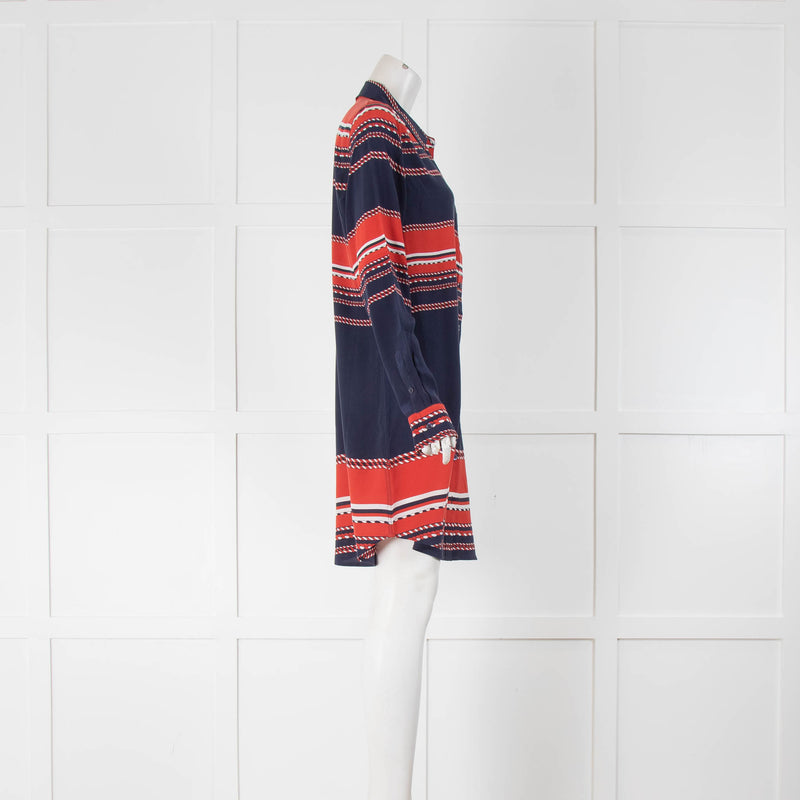 Equipment Nautical Rope Print Blue and Red Silk Collared Shirt Dress
