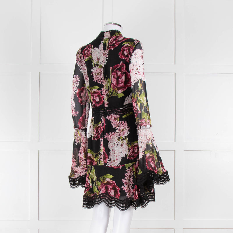 Nicholas Black High Neck Mini Dress with Large Pink Flowers