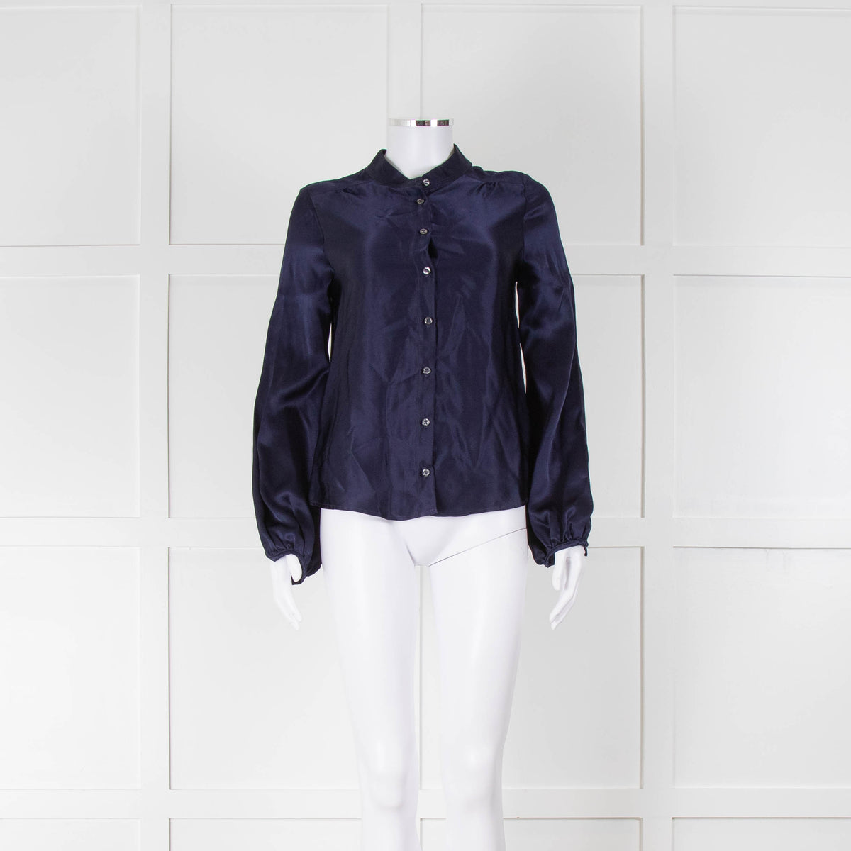 Ridley Navy Silk Satin Long Sleeve Silk Blouse