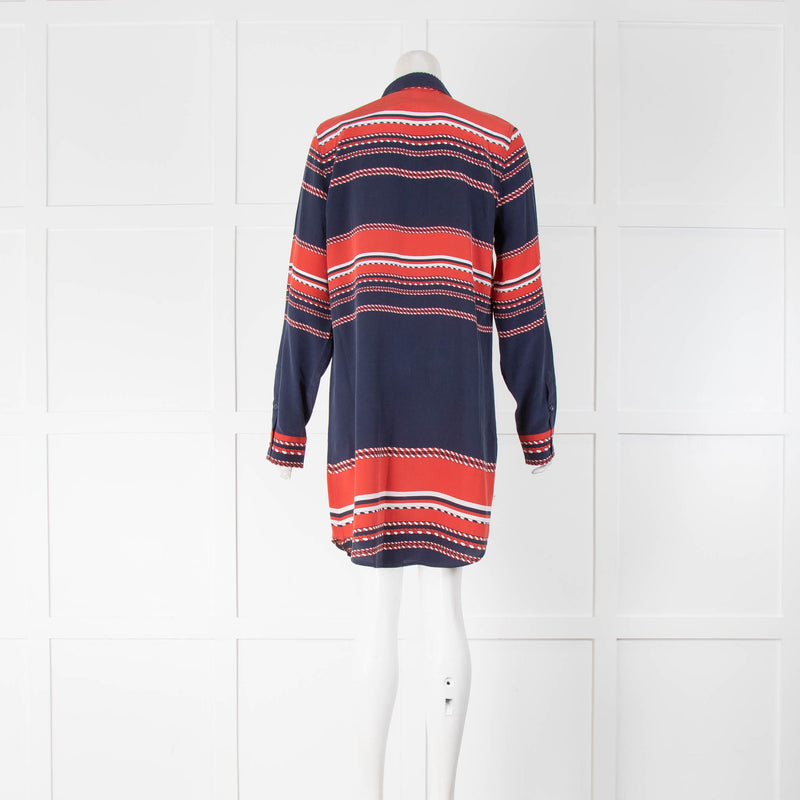 Equipment Nautical Rope Print Blue and Red Silk Collared Shirt Dress