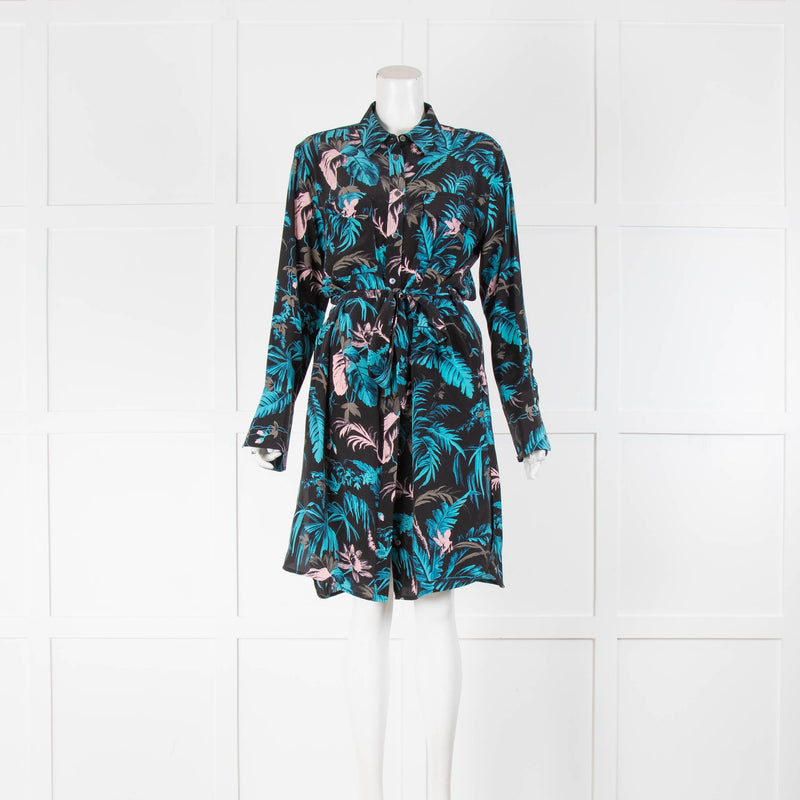 Equipment Blue and Pink Silk Shirt Dress with Front Patch Pockets