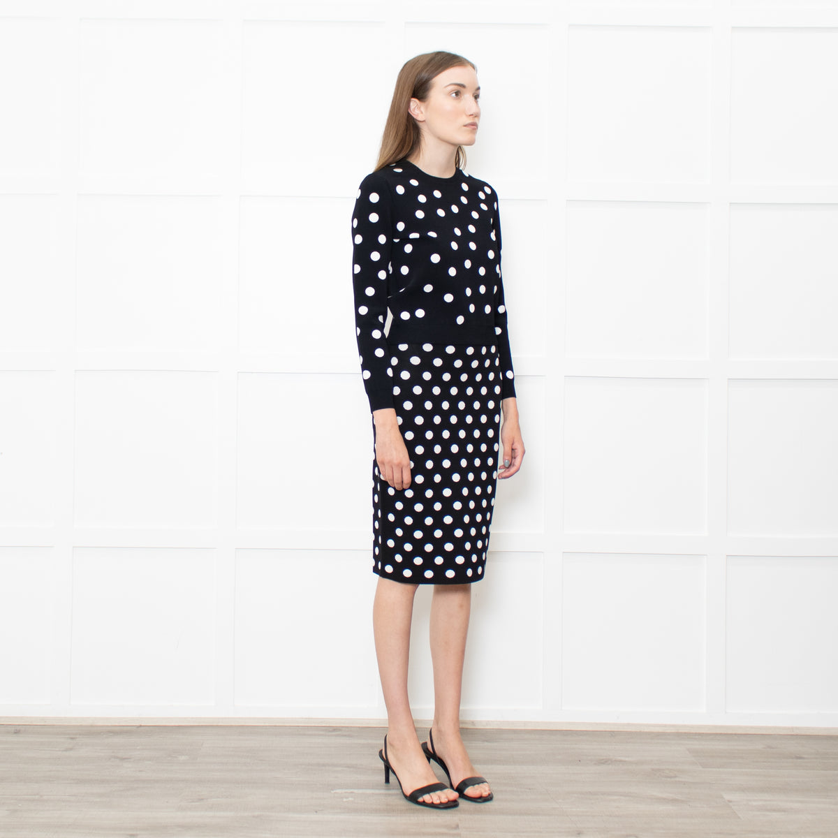 CH Carolina Herrera Black White Dot Stretchy Knit Pencil Skirt