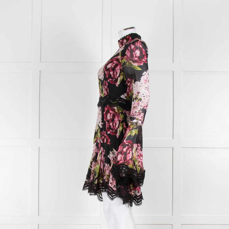 Nicholas Black High Neck Mini Dress with Large Pink Flowers