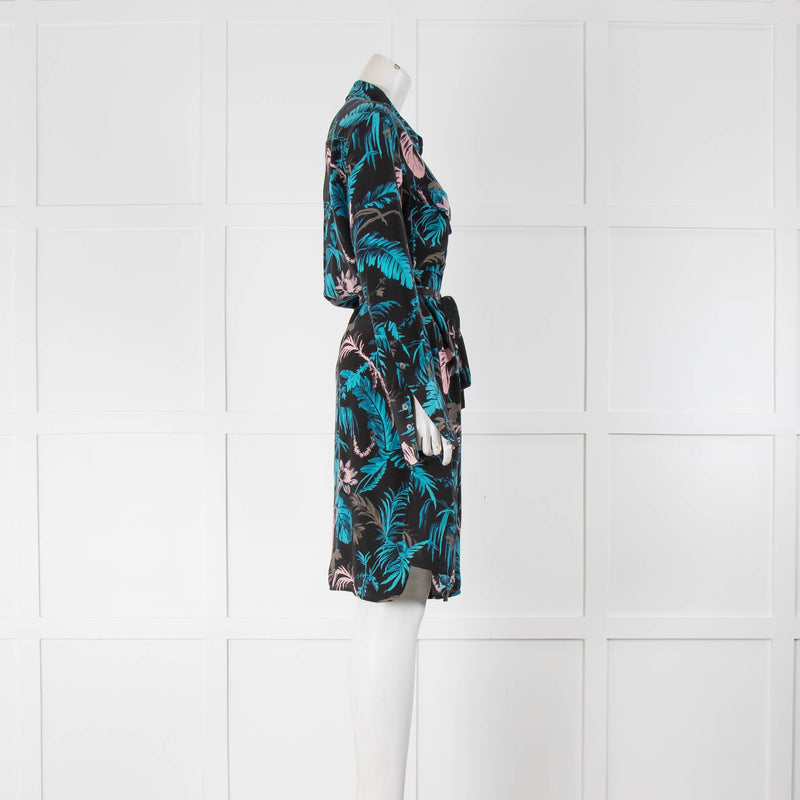 Equipment Blue and Pink Silk Shirt Dress with Front Patch Pockets