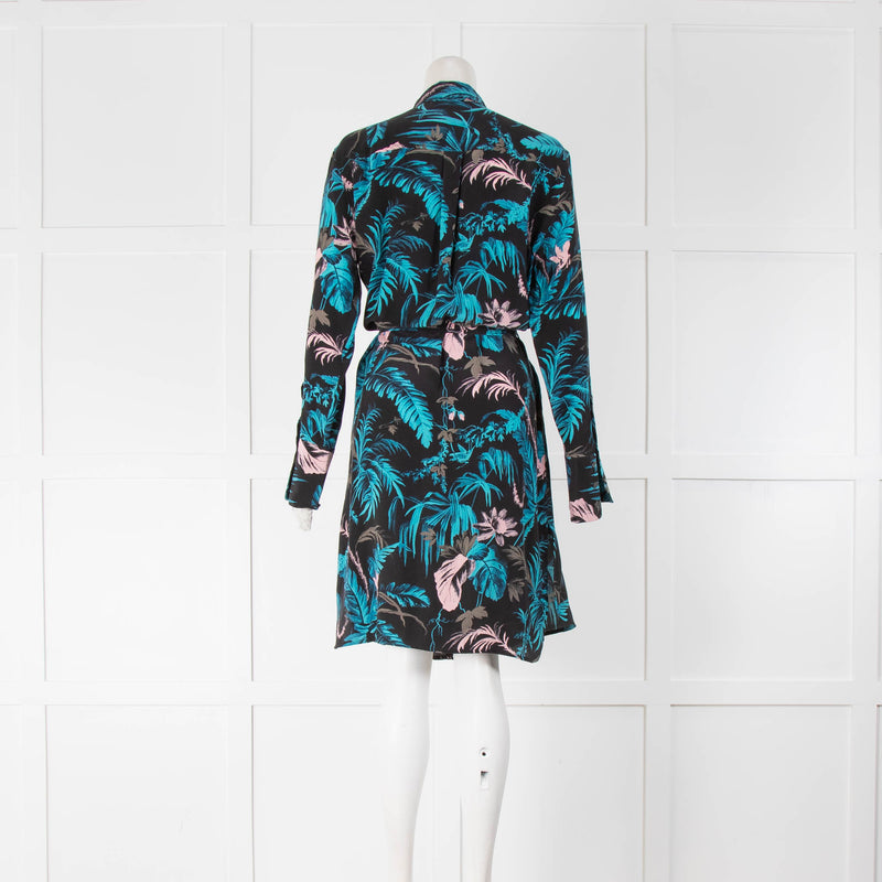 Equipment Blue and Pink Silk Shirt Dress with Front Patch Pockets
