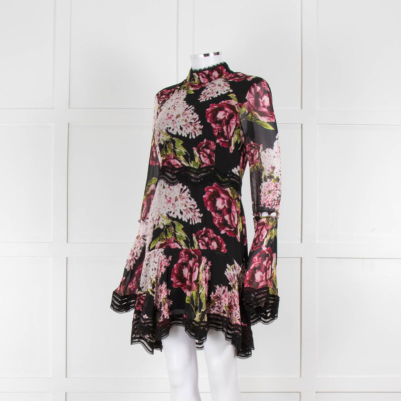 Nicholas Black High Neck Mini Dress with Large Pink Flowers