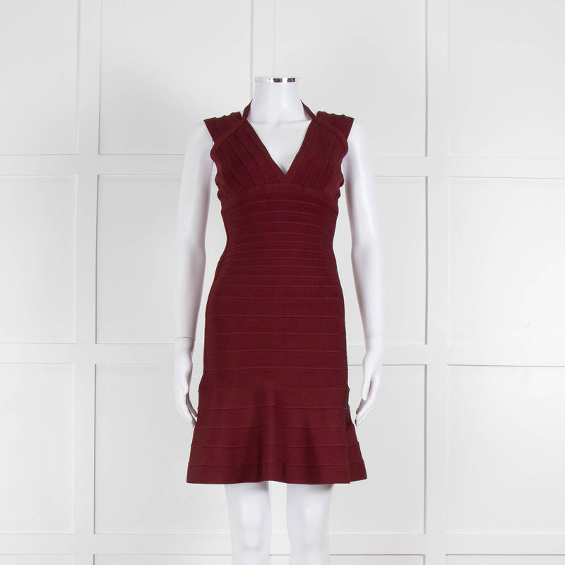 Herve Leger Burgundy Bandage Mini Dress with Flared Skirt