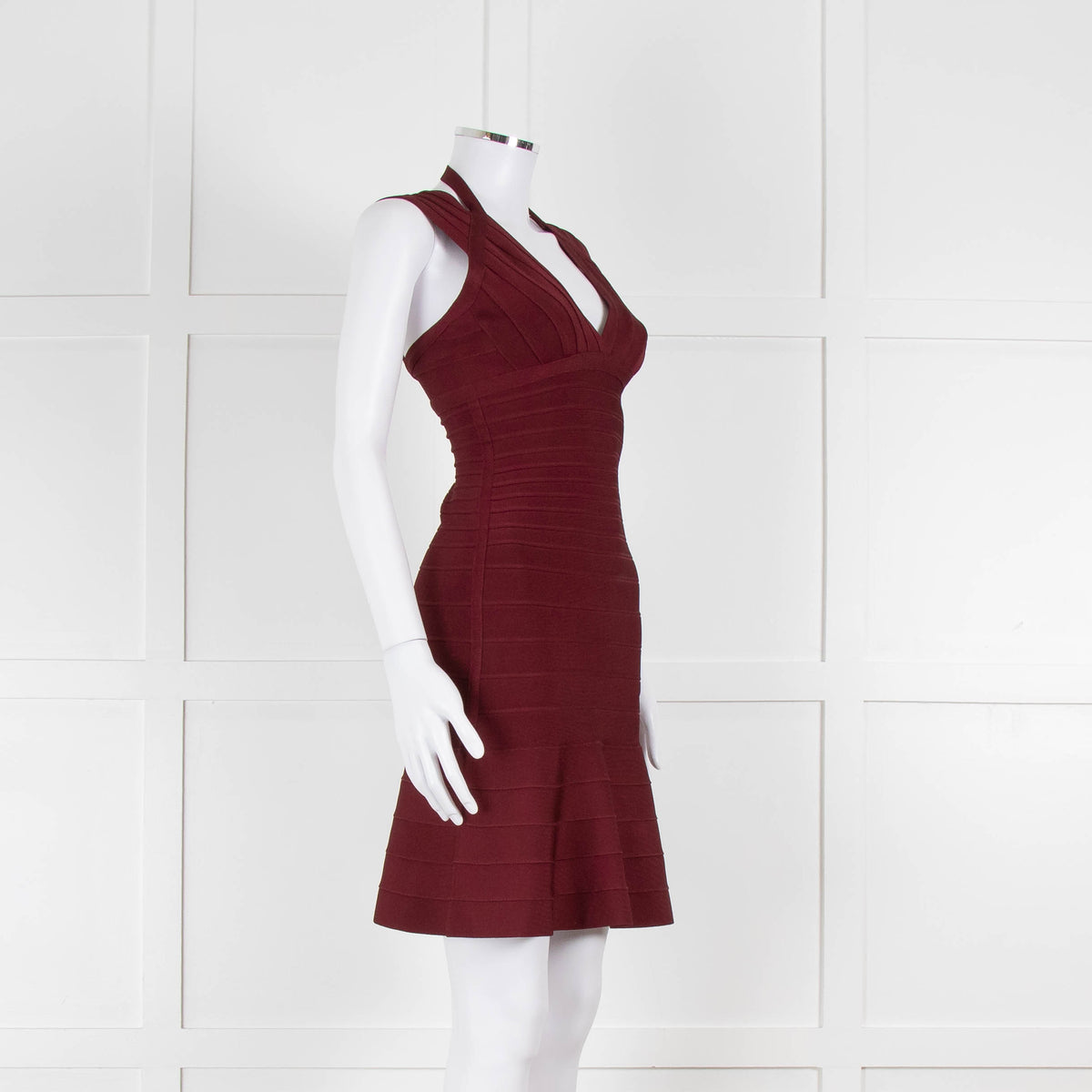 Herve Leger Burgundy Bandage Mini Dress with Flared Skirt