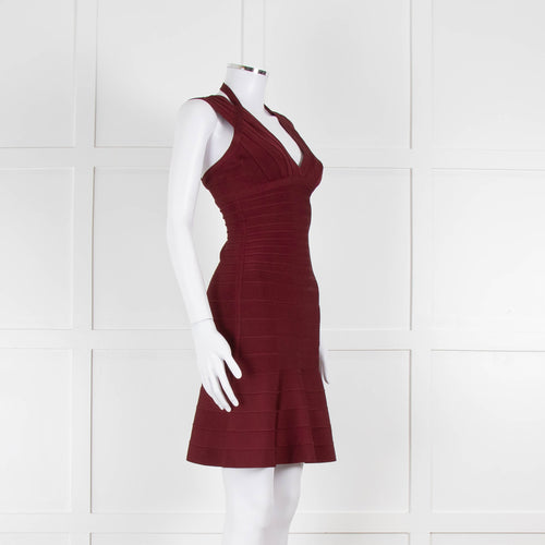 Herve Leger Burgundy Bandage Mini Dress with Flared Skirt