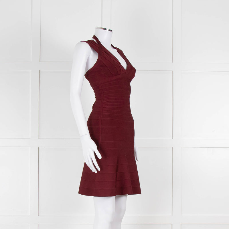 Herve Leger Burgundy Bandage Mini Dress with Flared Skirt