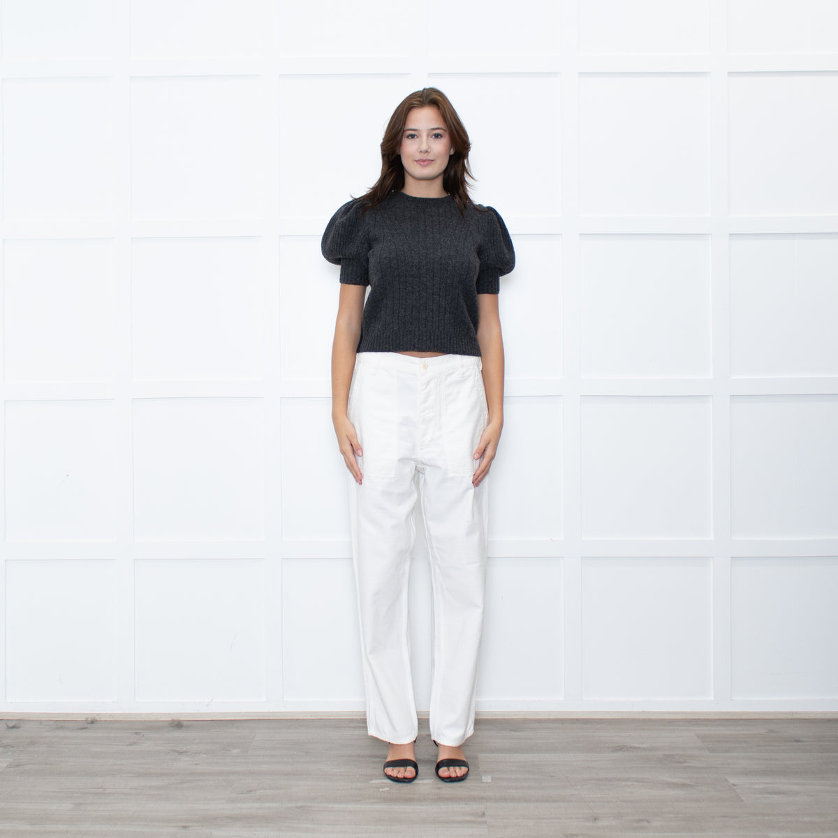 Alexander Mcqueen Grey and Navy Constrast Puff Sleeve Knit with Crystal Button Embellishment