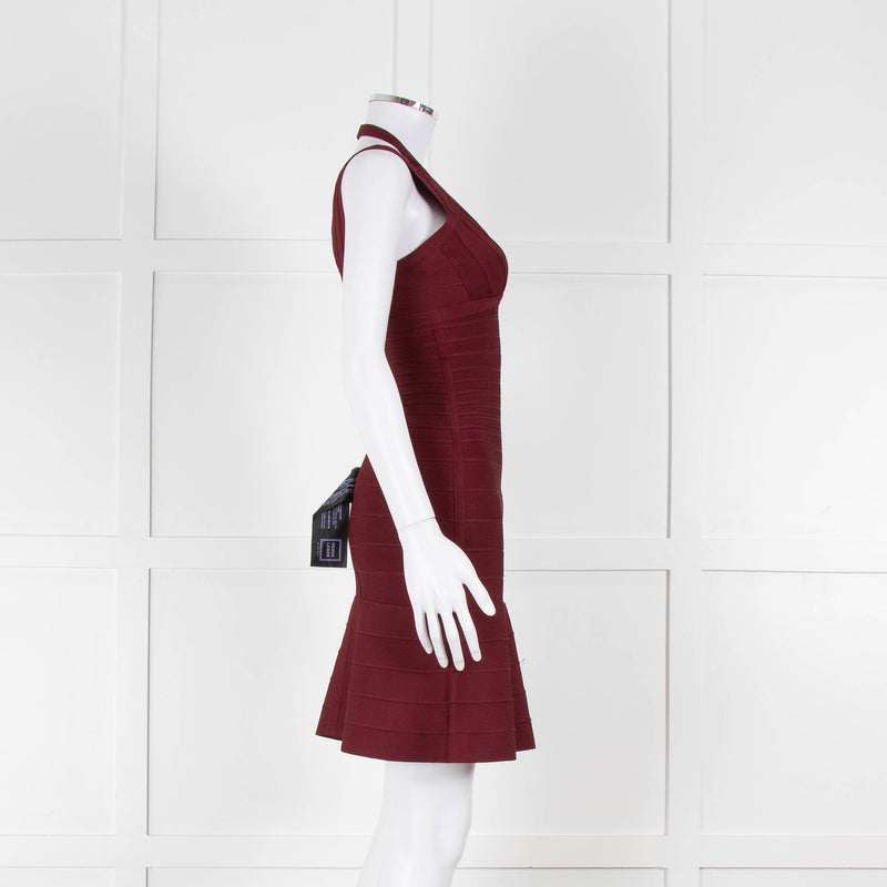 Herve Leger Burgundy Bandage Mini Dress with Flared Skirt