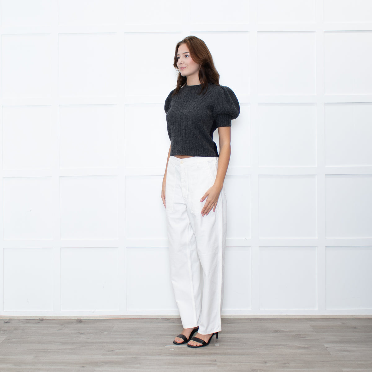 Alexander Mcqueen Grey and Navy Constrast Puff Sleeve Knit with Crystal Button Embellishment