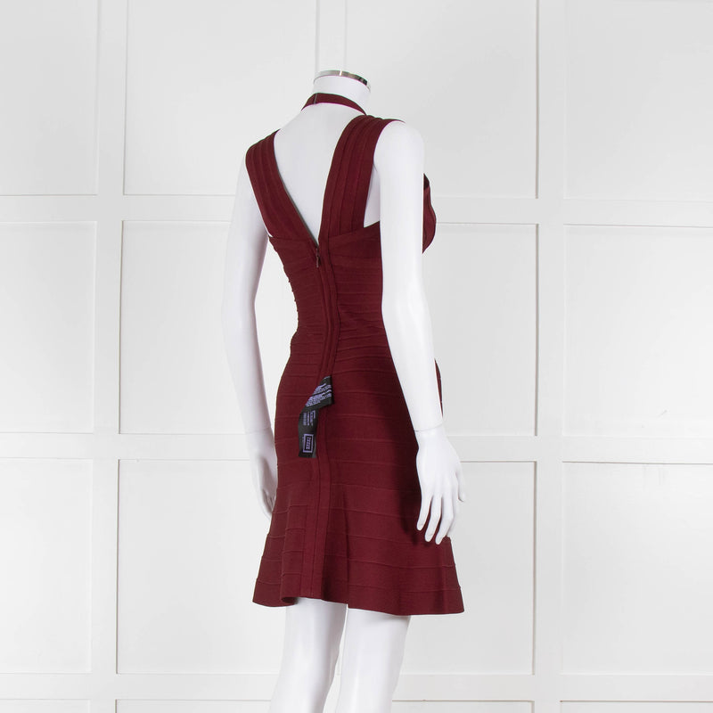 Herve Leger Burgundy Bandage Mini Dress with Flared Skirt