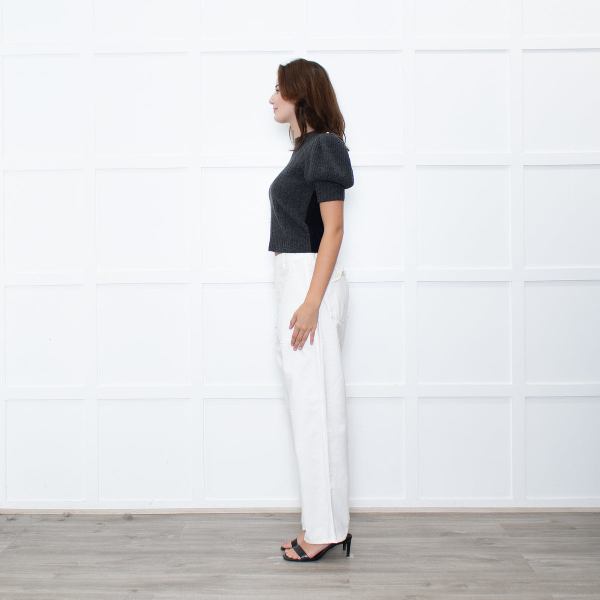 Alexander Mcqueen Grey and Navy Constrast Puff Sleeve Knit with Crystal Button Embellishment