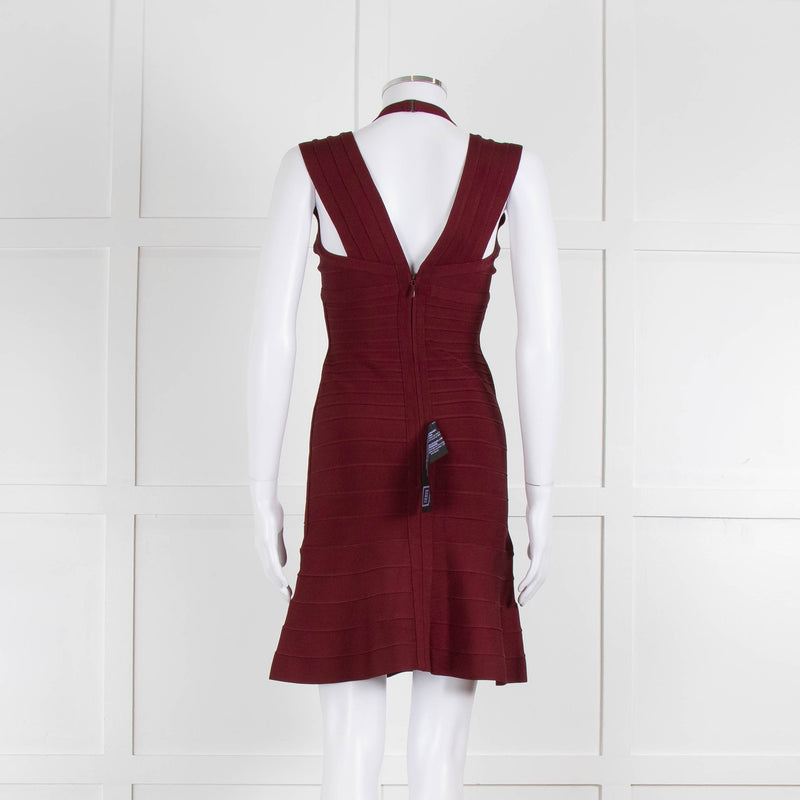 Herve Leger Burgundy Bandage Mini Dress with Flared Skirt