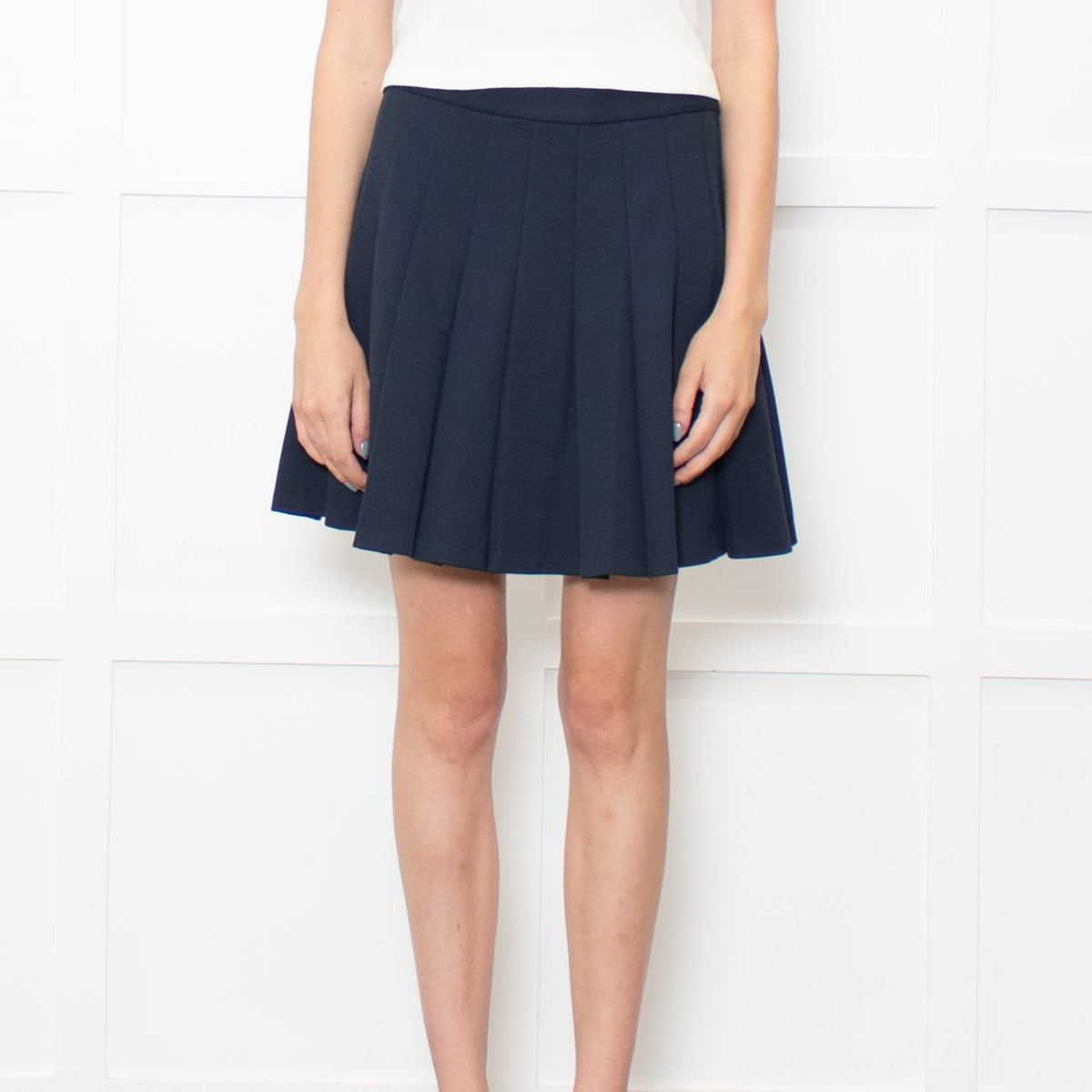Theory Navy Pleated Textured Fabric Mini Skirt