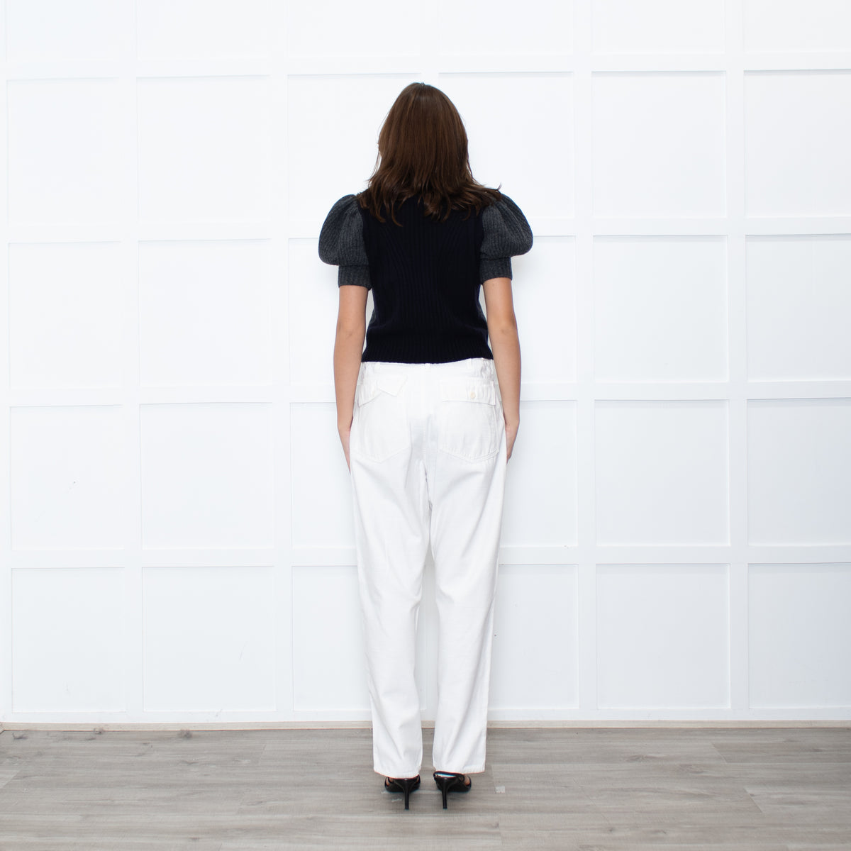 Alexander Mcqueen Grey and Navy Constrast Puff Sleeve Knit with Crystal Button Embellishment