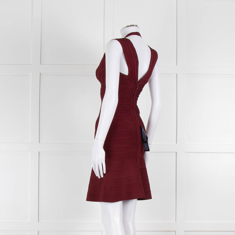 Herve Leger Burgundy Bandage Mini Dress with Flared Skirt