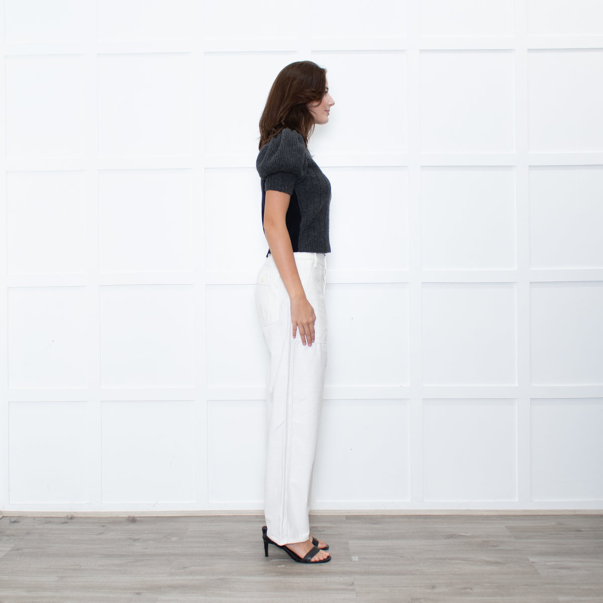 Alexander Mcqueen Grey and Navy Constrast Puff Sleeve Knit with Crystal Button Embellishment