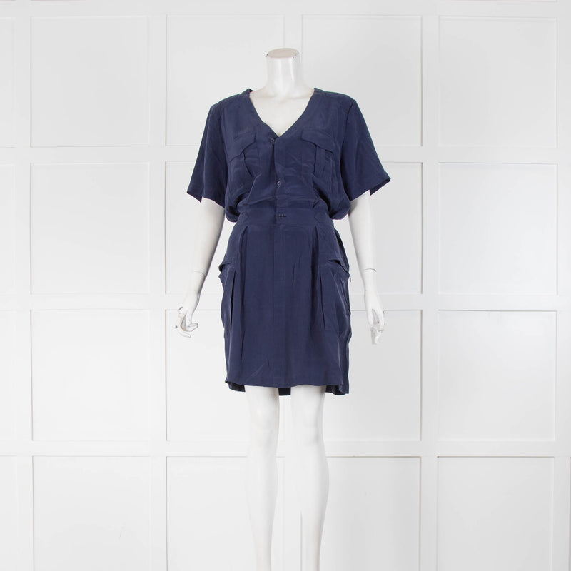 Equipment Blue Silk Buckle Side Silk Dress
