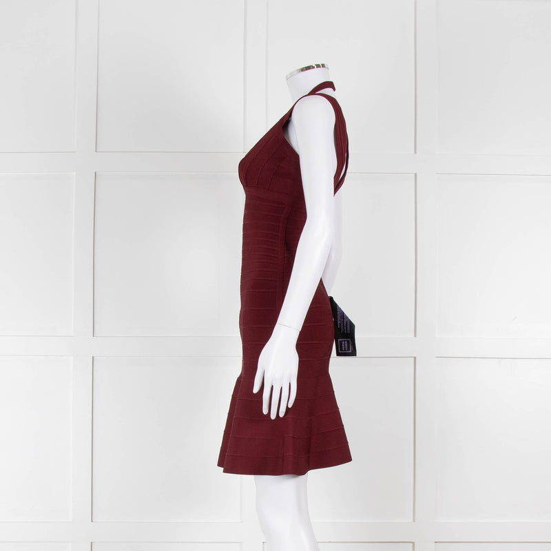 Herve Leger Burgundy Bandage Mini Dress with Flared Skirt