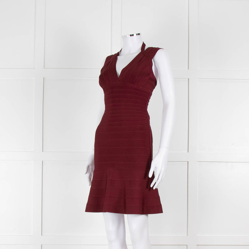 Herve Leger Burgundy Bandage Mini Dress with Flared Skirt