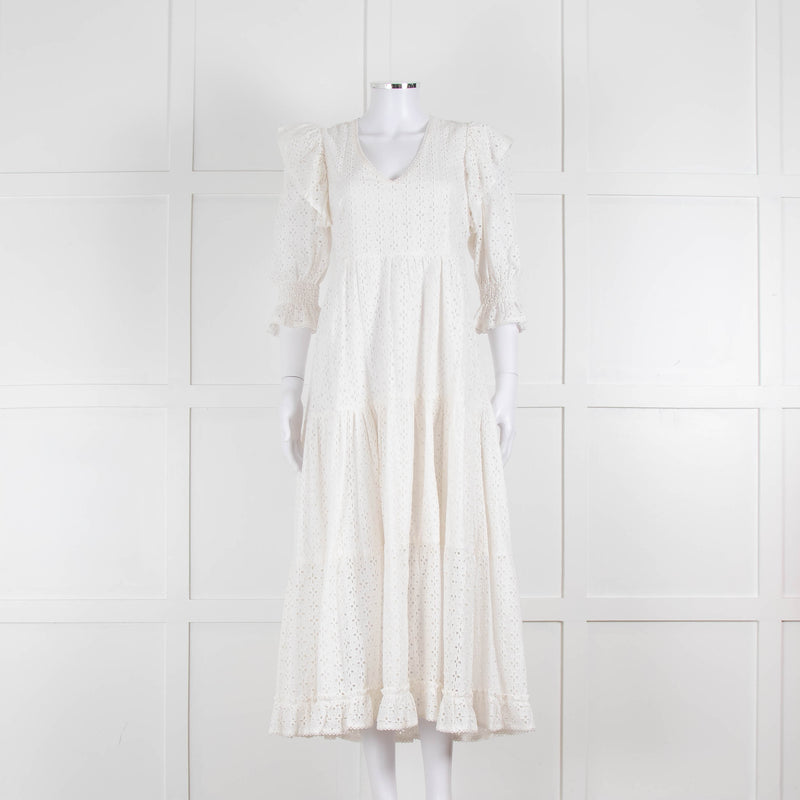 Neve & Noor White Broderie Anglaise Puff Sleeve Maxi Dress