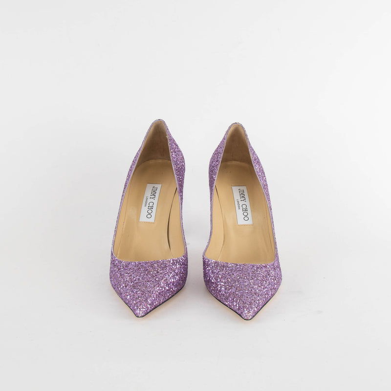 Jimmy Choo Purple Glitter Agnes Romy Heel Shoes