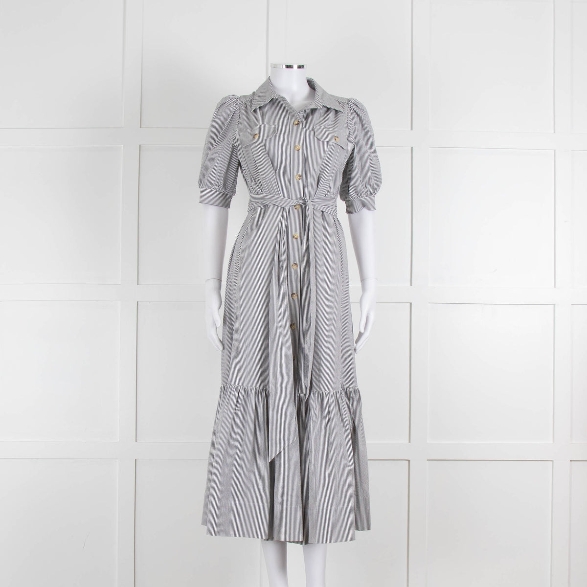 ME + EM Faded Grey and White Micro Stripe Short Sleeve Shirt Dress